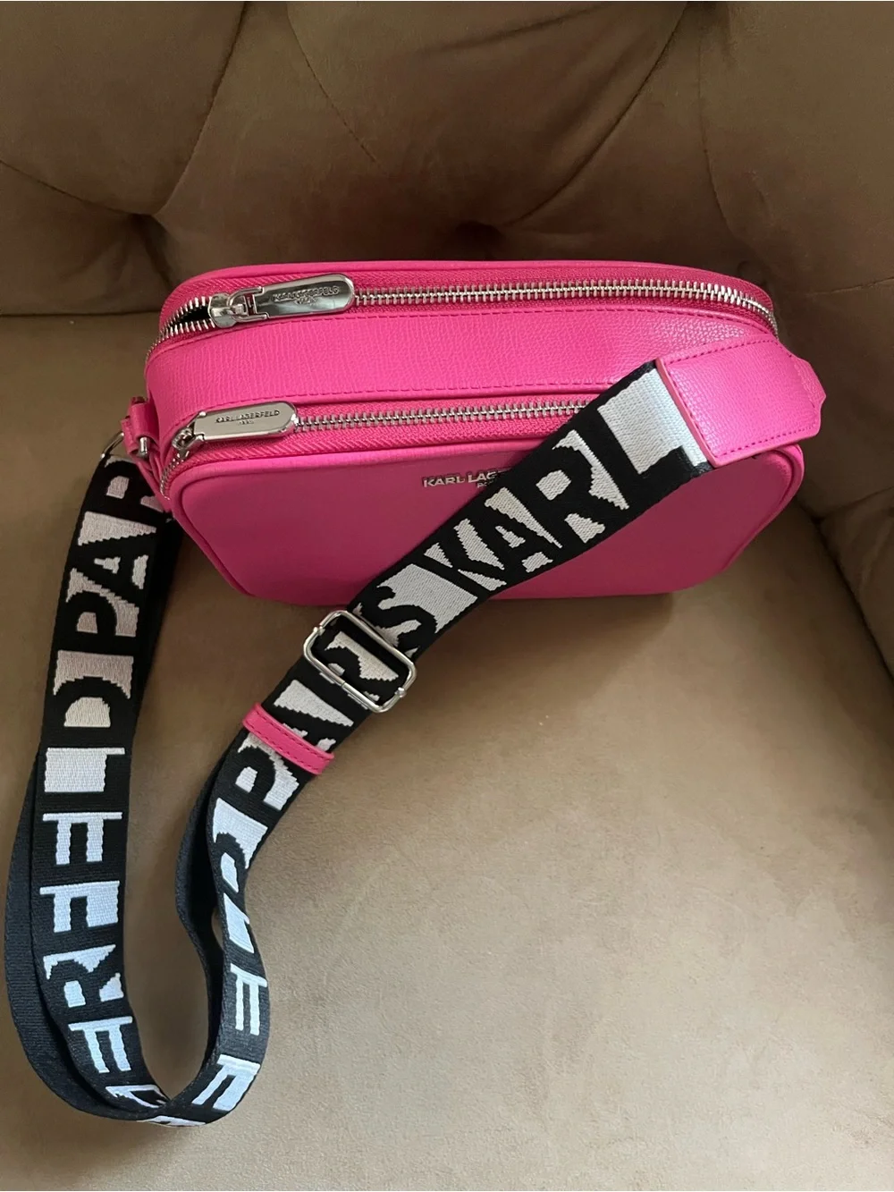 Karl Lagerfeld Vibrant Pink Pebble Crossbody Bag with Branded Strap